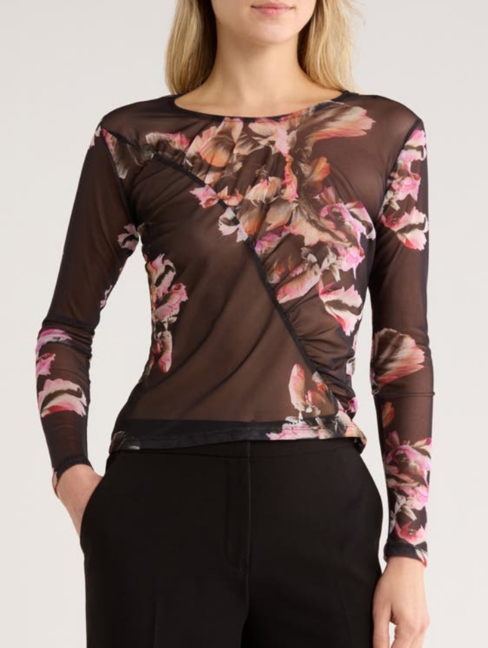 AllSaints Elia Ruched Long Sleeve Mesh Top